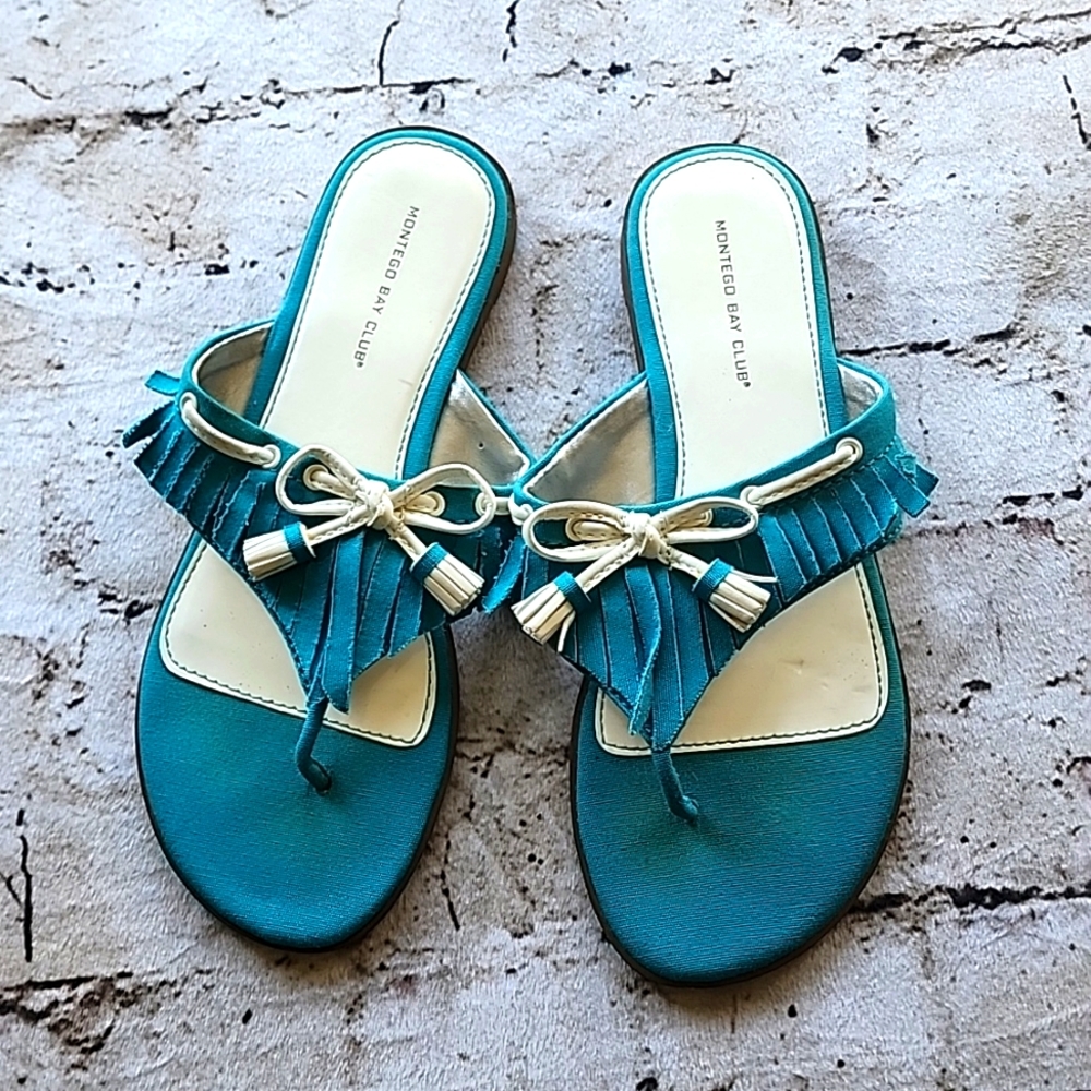 Montego Bay Club Teal & White Tassle Sandals - BoatShoe style sz 9